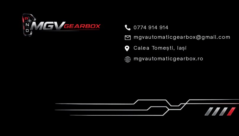 Carte de vizită MGV Gearbox — versoul cu date de contact